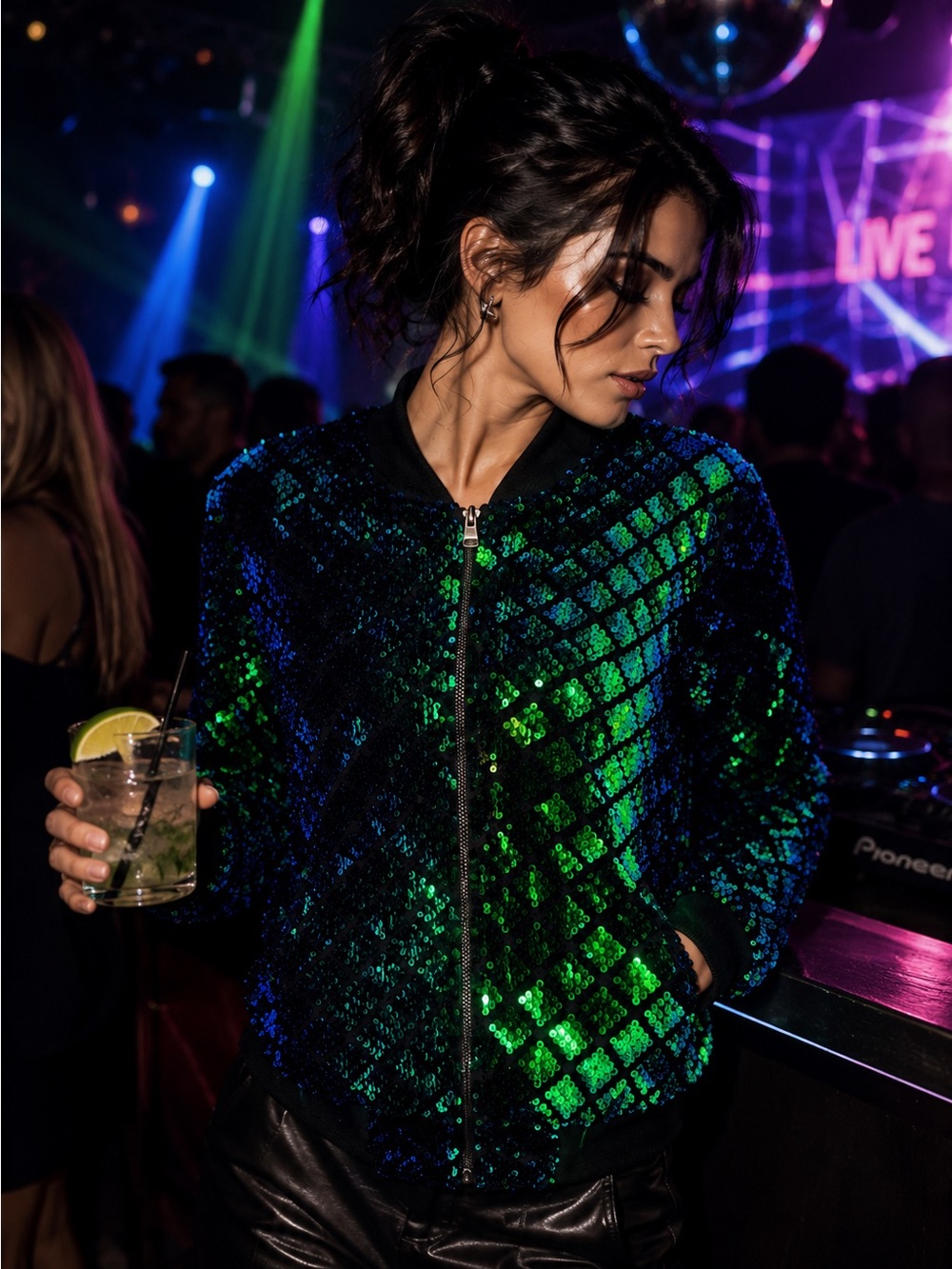 VANGULL Sequin Bomber Jacket Women’s Blue Green Iridescent Zip Party Club